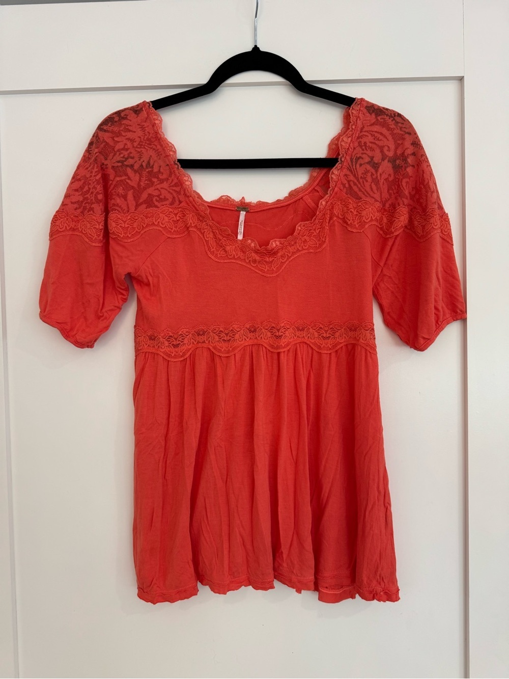 Free People Y2K Coral Lace Babydoll Top Size Small Boho Crochet Trim